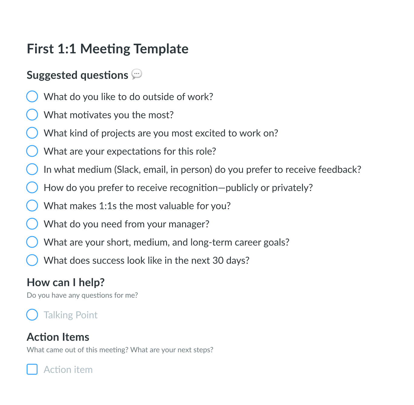 Template First One on One Meeting with a New Employee Fellow app
