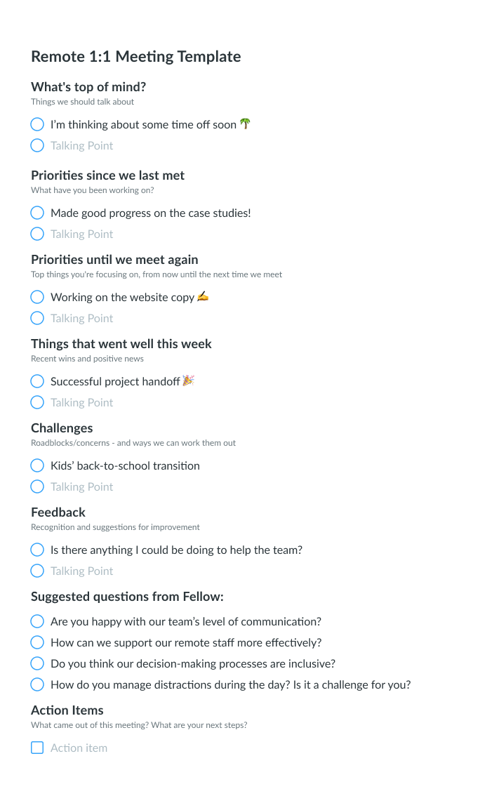 Remote One On One Meeting Agenda Template Fellow App