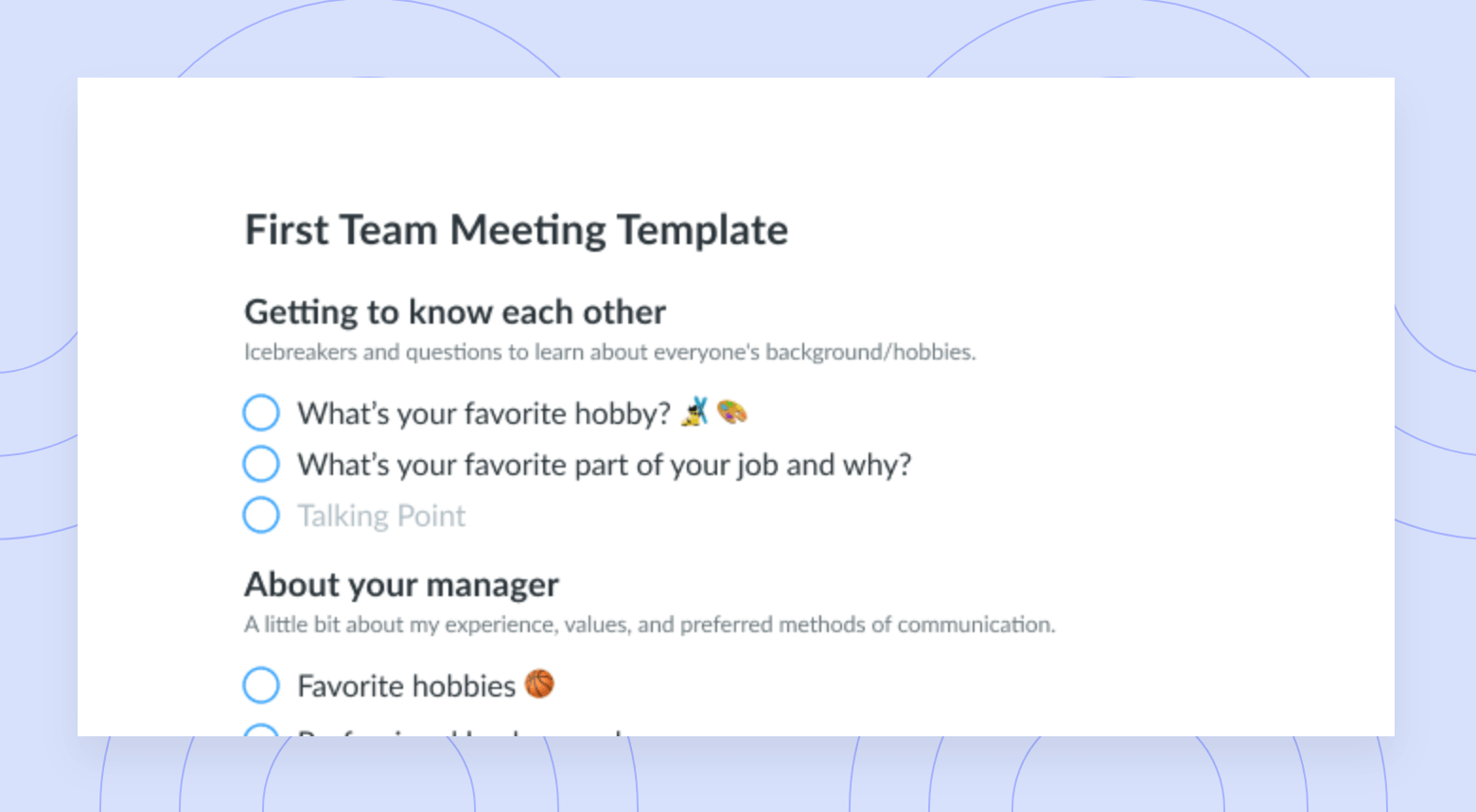 First Meeting with New Team Agenda Template