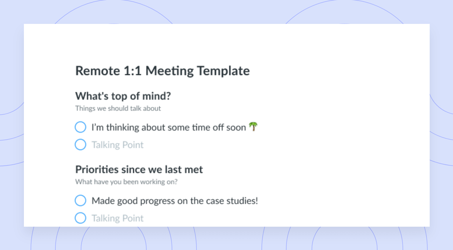 Remote One-on-One Meeting Agenda Template