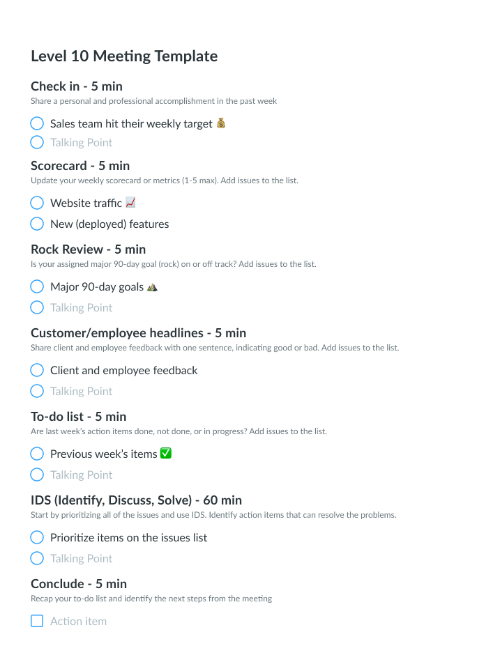 Level 10 Meeting Agenda Template Leadership Teams Fellow App