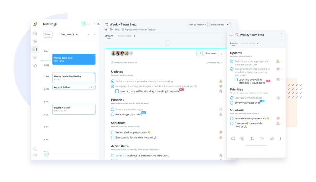 Product Image of Fellow showing the meeting minutes adjacent to a calendar