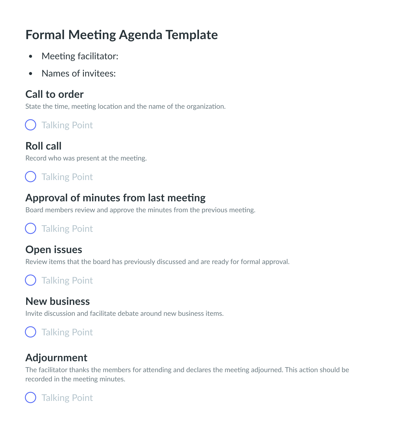 Meeting Agenda: Effective Formal Team Business Meeting Agenda Attendees,  Business Meeting Design