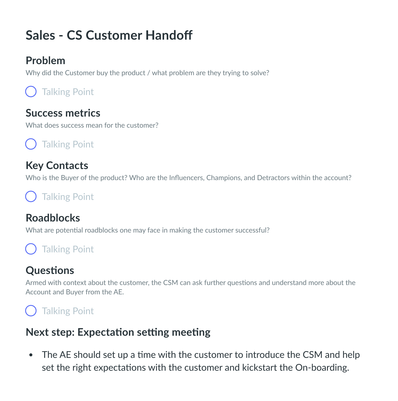 Customer Handoff Sales CS Meeting Template Fellow app