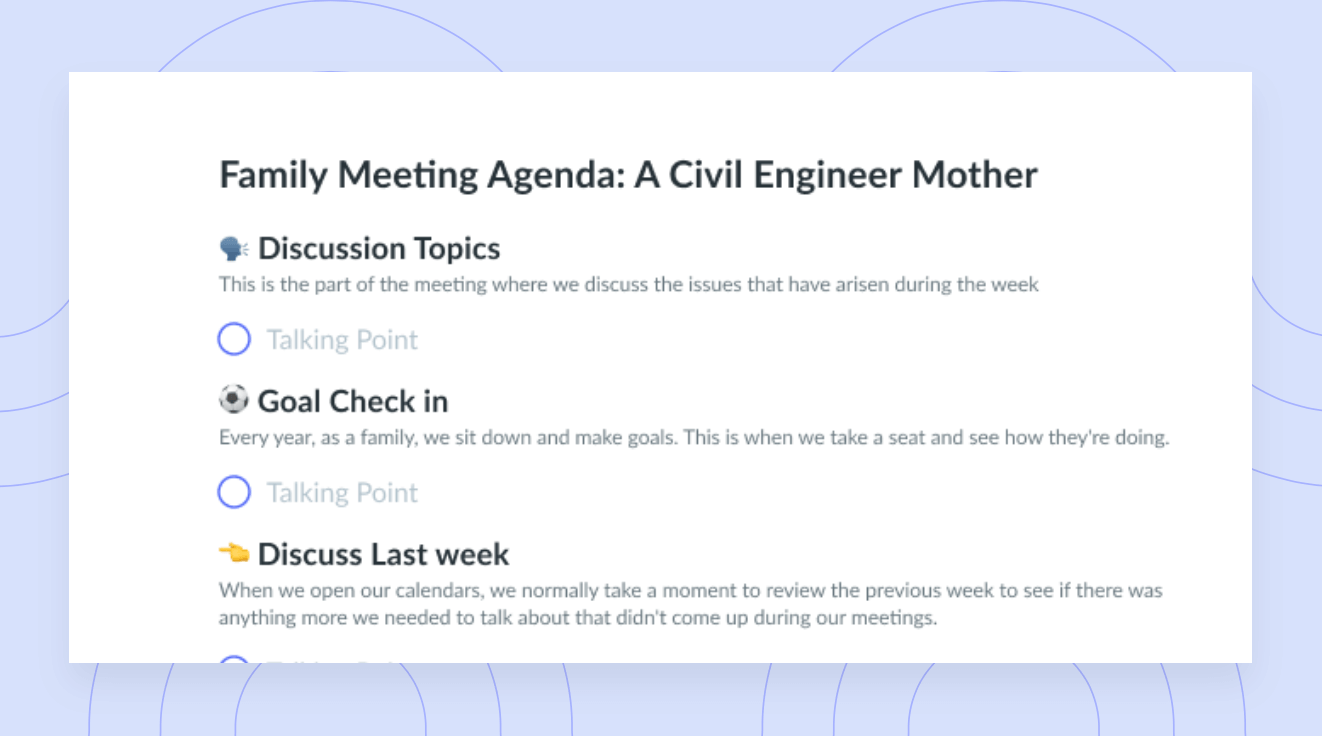 Family Meeting Agenda Template: A Civil Engineer Mother