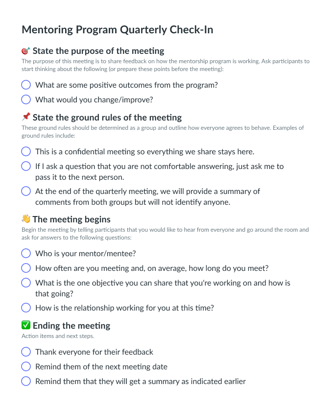 Mentoring Program Meeting Template Fellow app