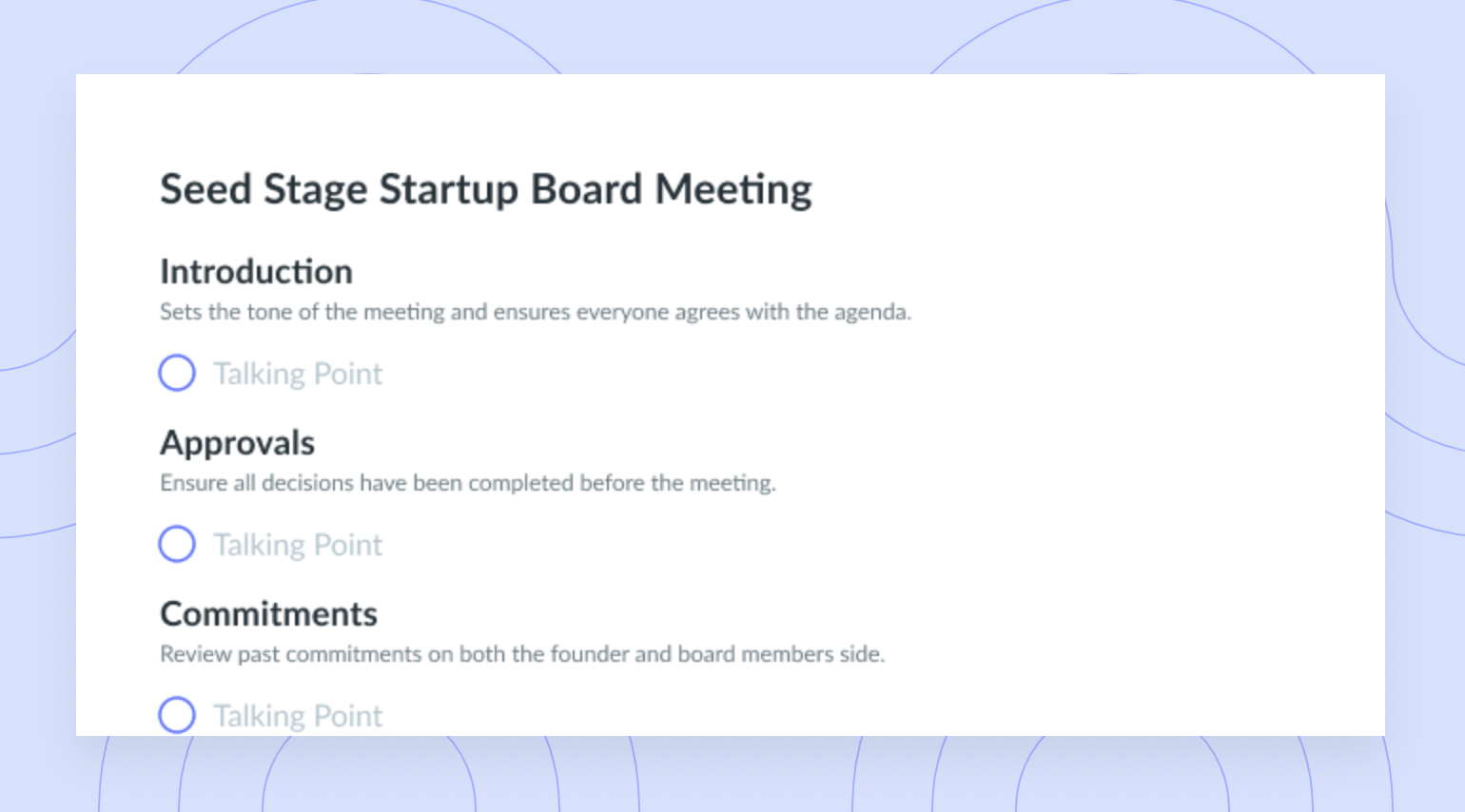 Seed Stage Startup Board Meeting Agenda Template