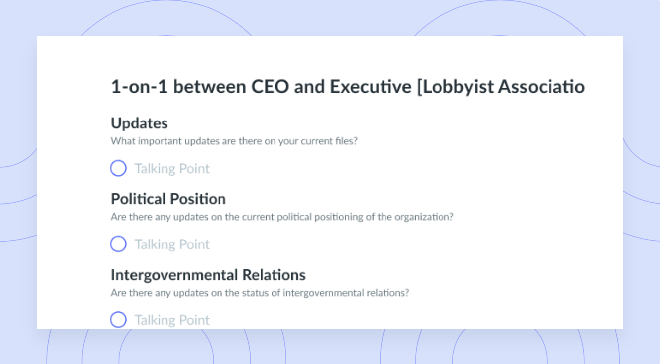 1-on-1 between CEO and Executive [Lobbyist Association] Template