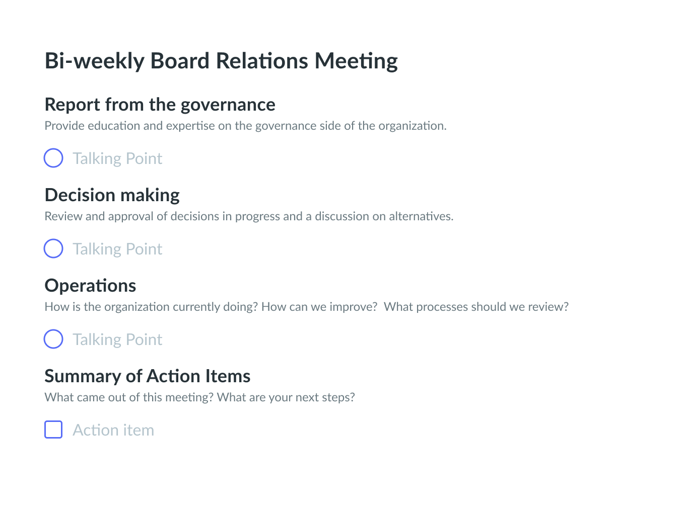 Bi weekly Board Relations Meeting Template Fellow app