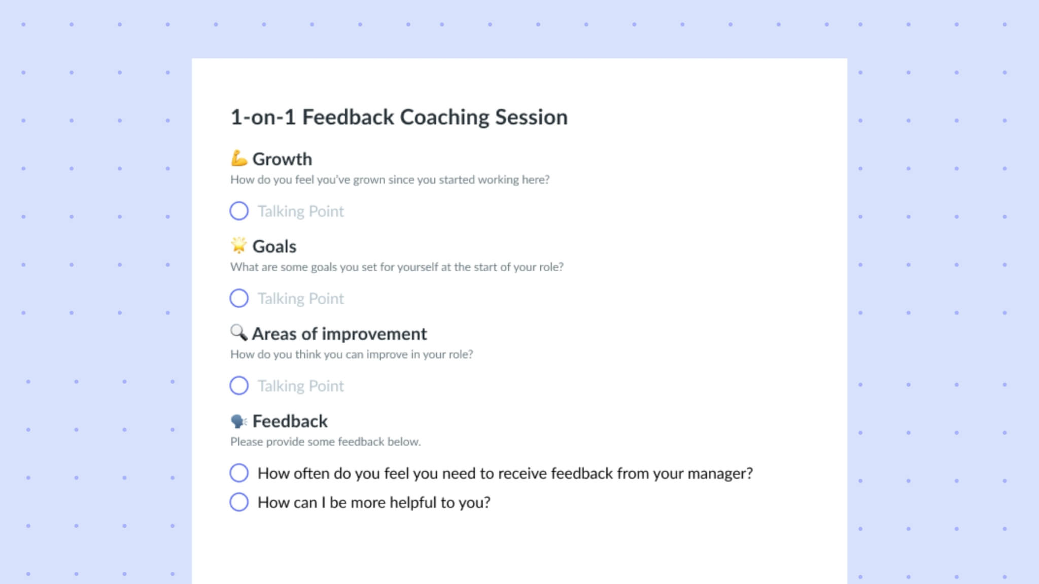 One on One Coaching Template for Managers: Example Tips