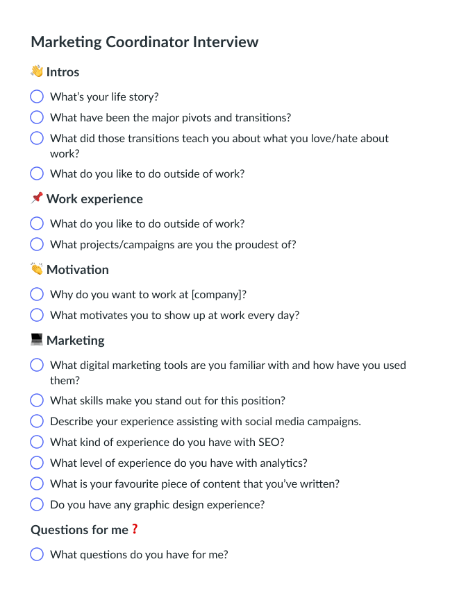 Marketing Coordinator Interview Questions FREE Template Fellow app