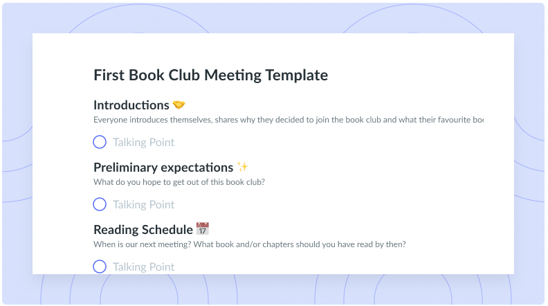 First Book Club Meeting Template