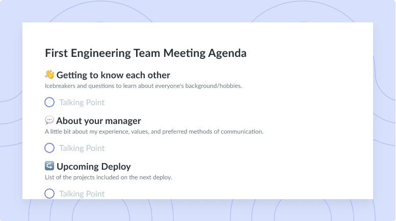 First Engineering Team Meeting Agenda