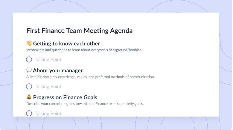 First Finance Team Meeting Agenda