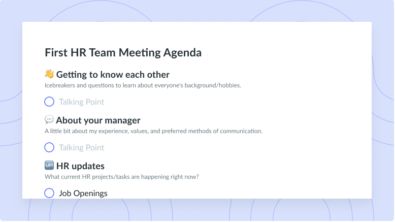 First HR Team Meeting Agenda