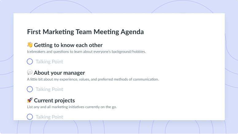 First Marketing Team Meeting Agenda