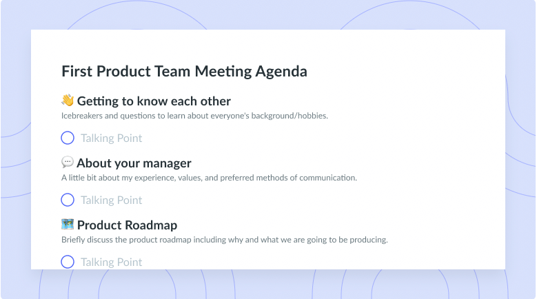 First Product Team Meeting Agenda
