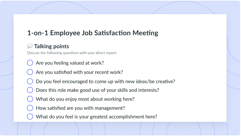 1-on-1 Employee Job Satisfaction Meeting Template