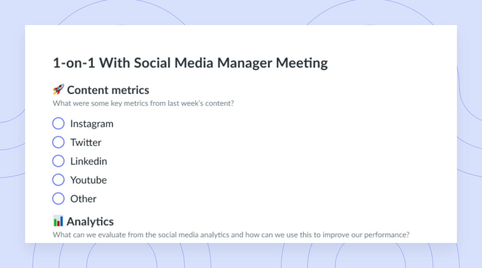 1-on-1 With Social Media Manager Meeting Template