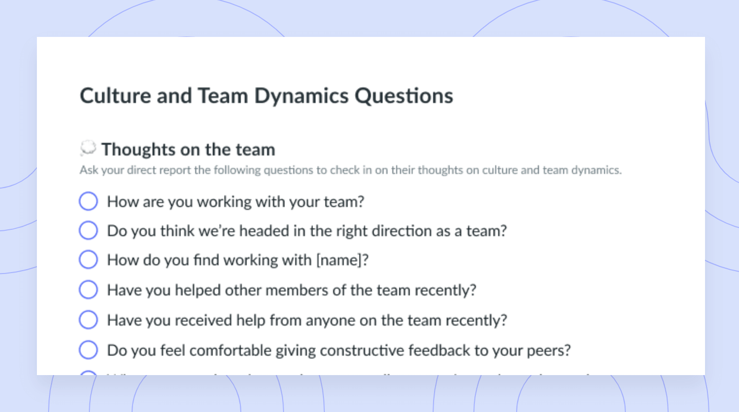 Culture and Team Dynamics Questions for 1-on-1s Template