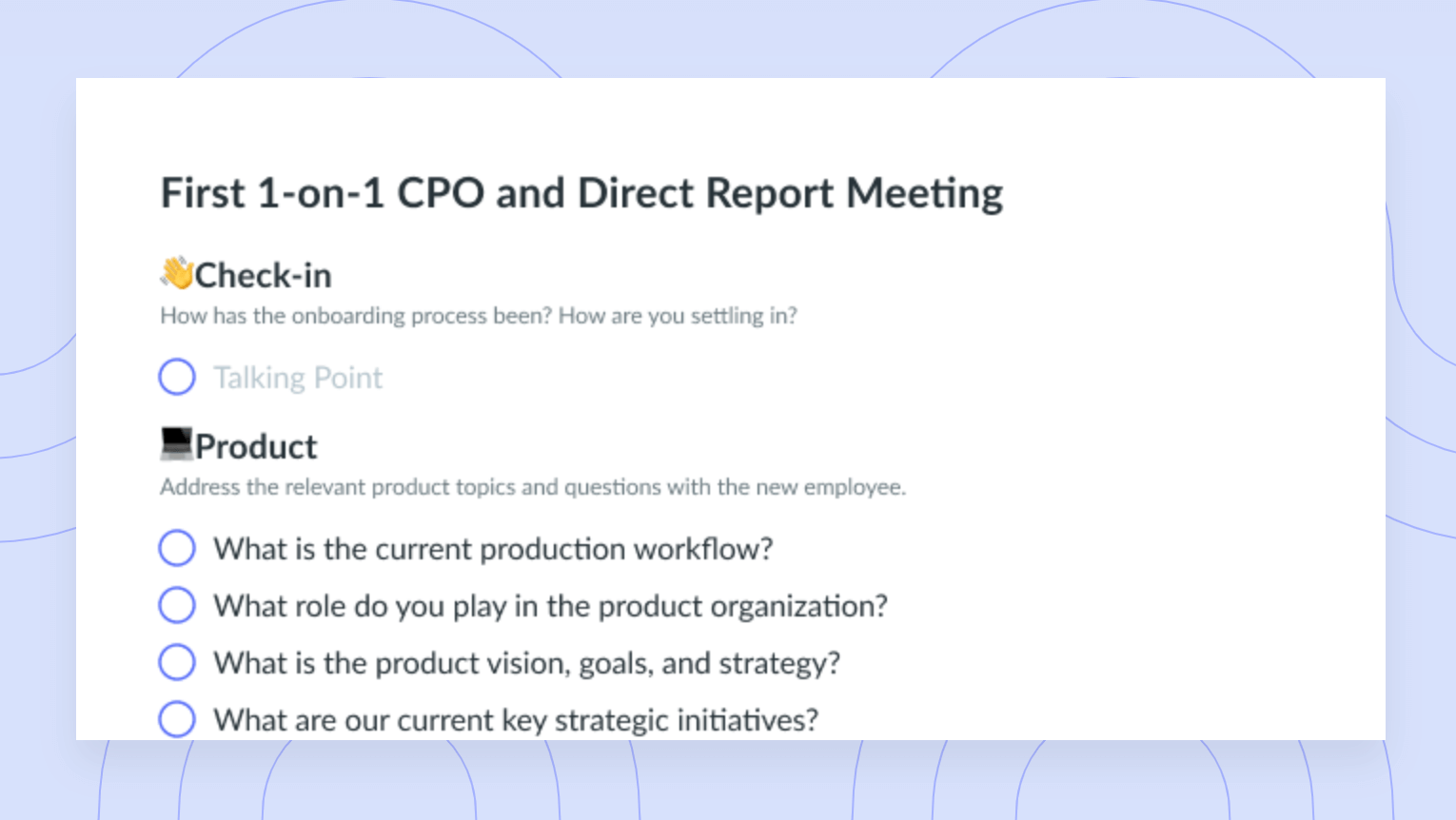 First One-on-One CPO and Direct Report Meeting Template