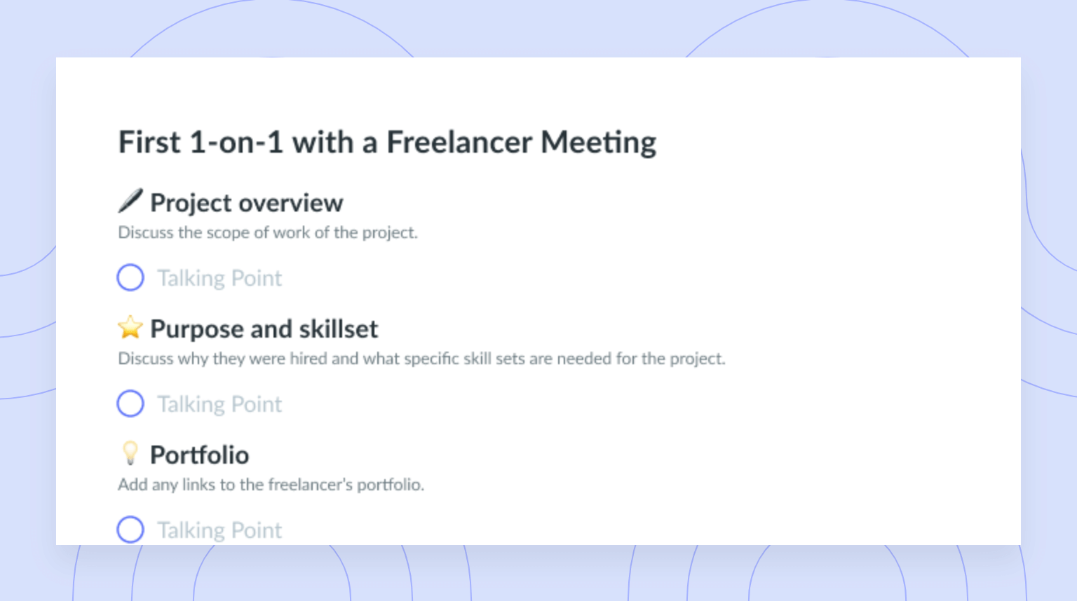 First One-on-One with a Freelancer Meeting Template