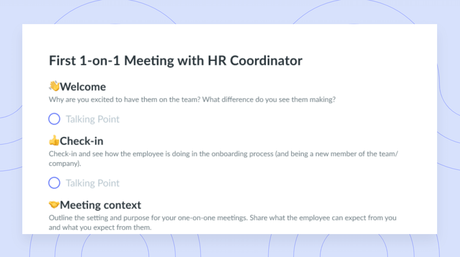 First One-on-One Meeting with HR Coordinator