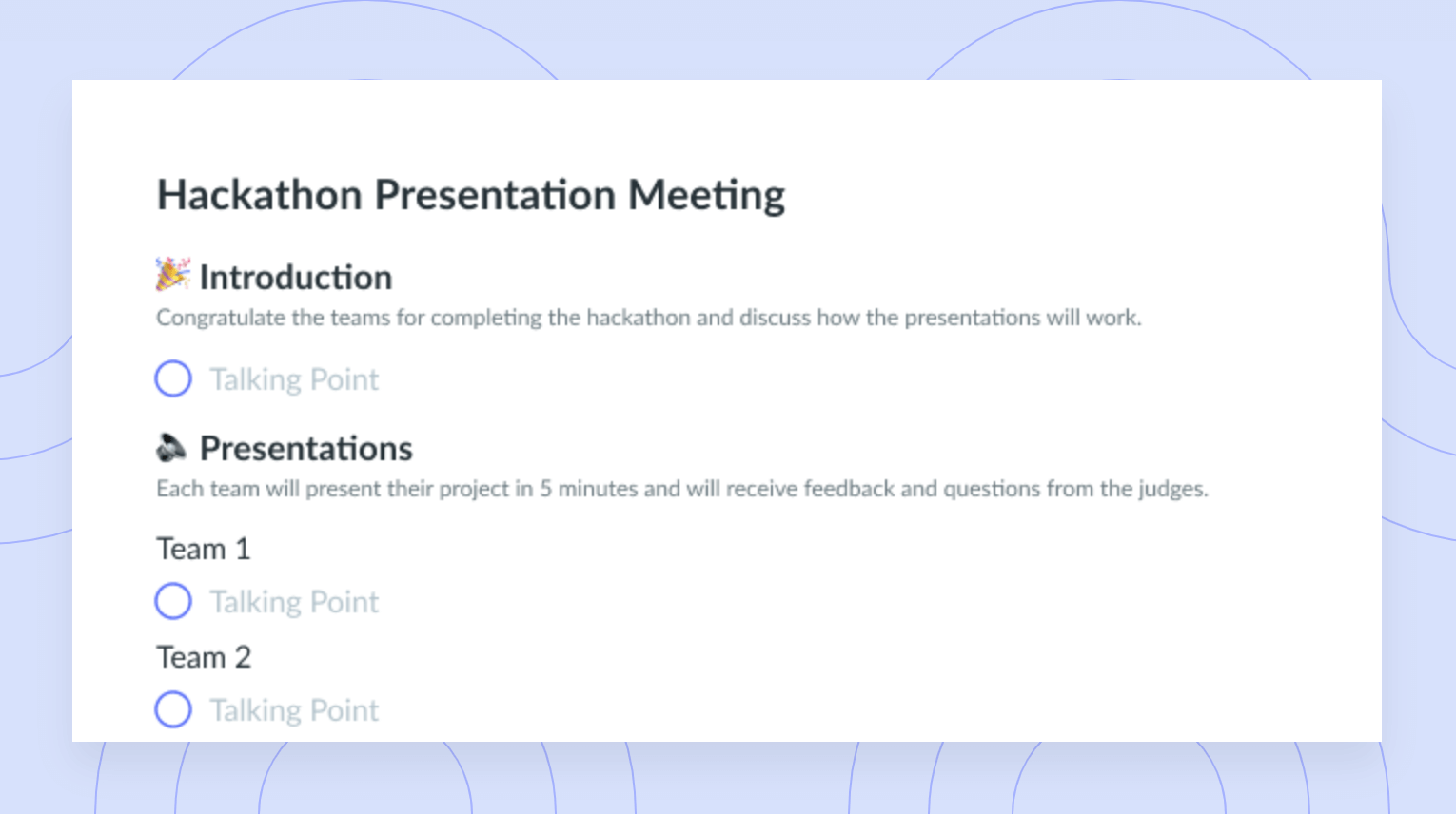 Hackathon Presentation Meeting Agenda