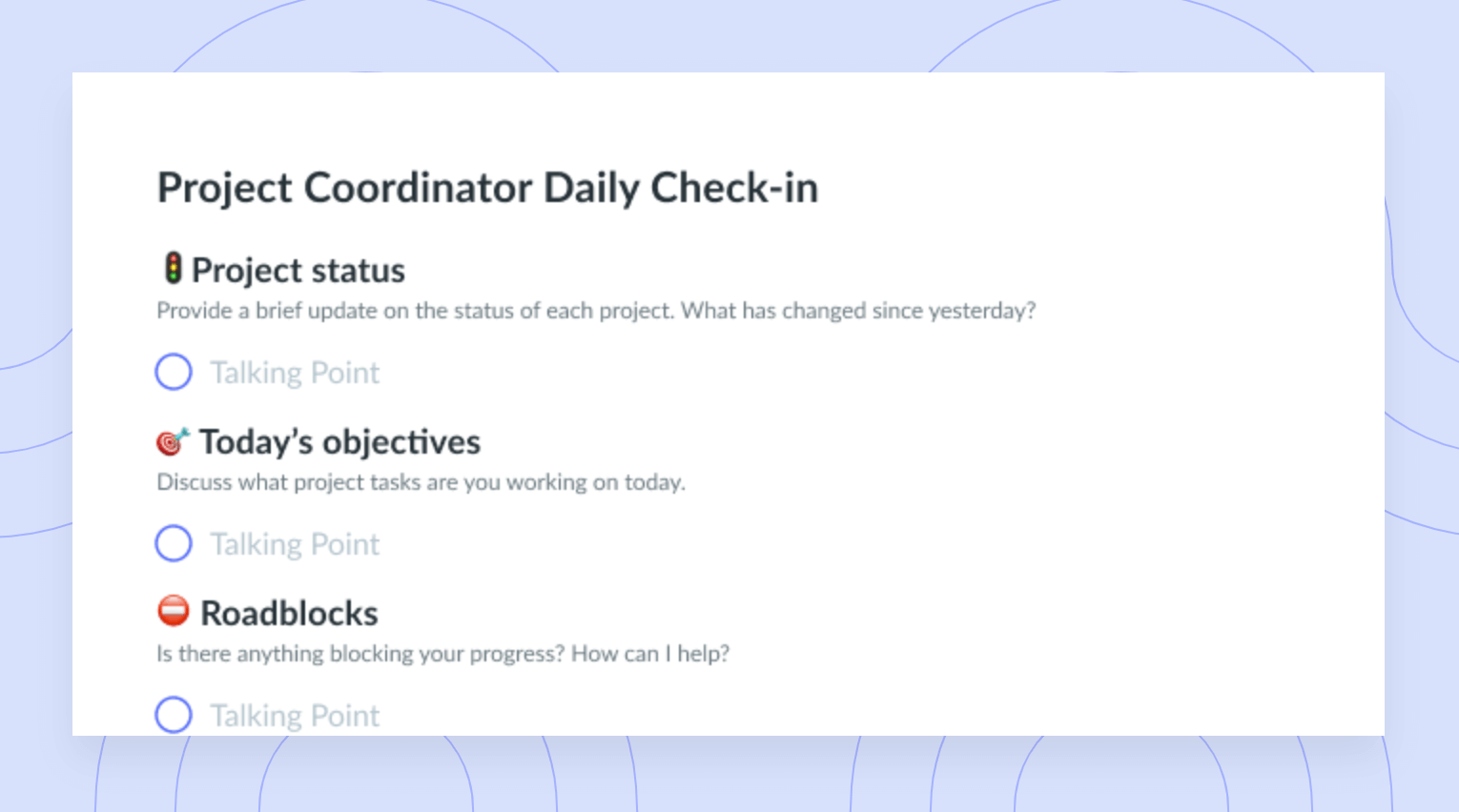 Project Coordinator Daily Check-In Meeting Template