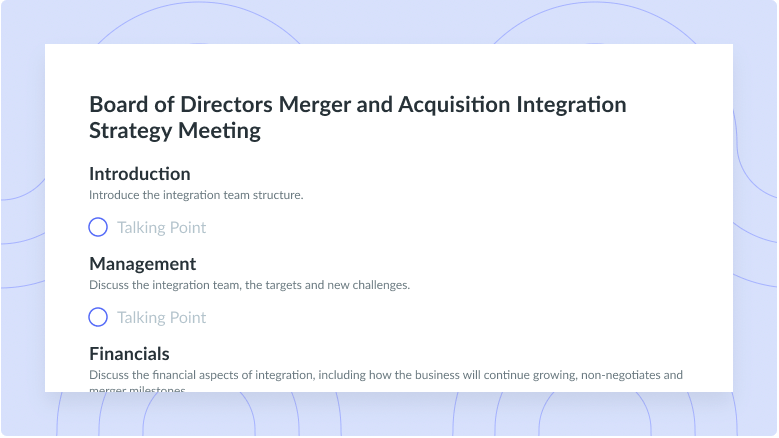 Board of Directors Merger and Acquisition Integration Strategy Meeting Template