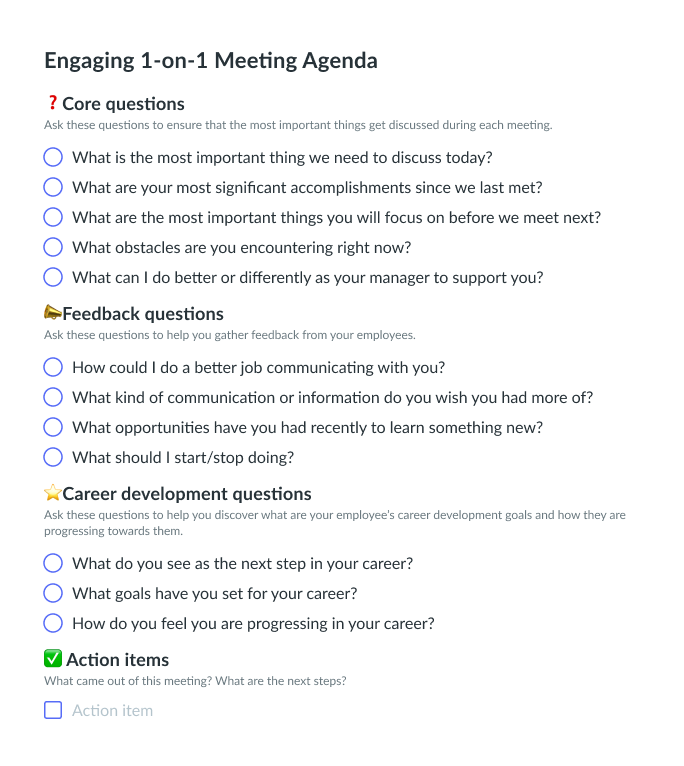 invoeren studie agentschap Engaging 1-on-1 Meeting Agenda | Fellow.app