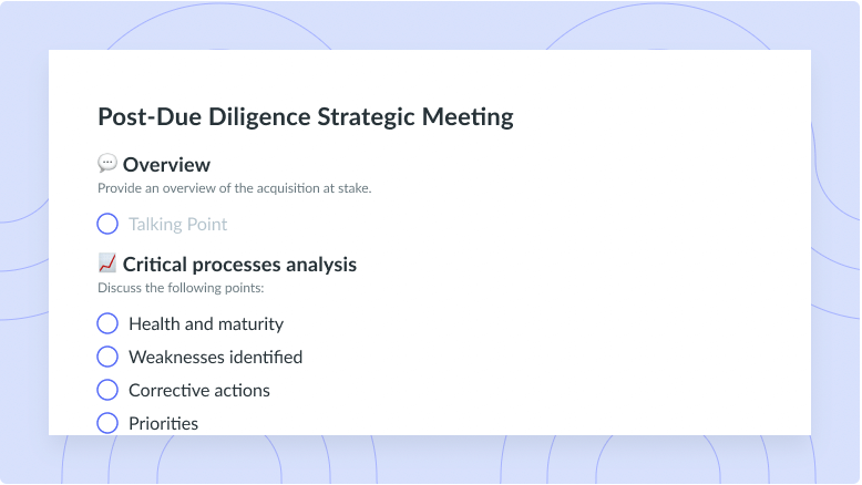 Post-Due Diligence Strategic Meeting Template