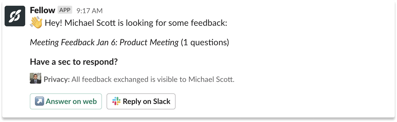 Slack notification asking for peer feedback