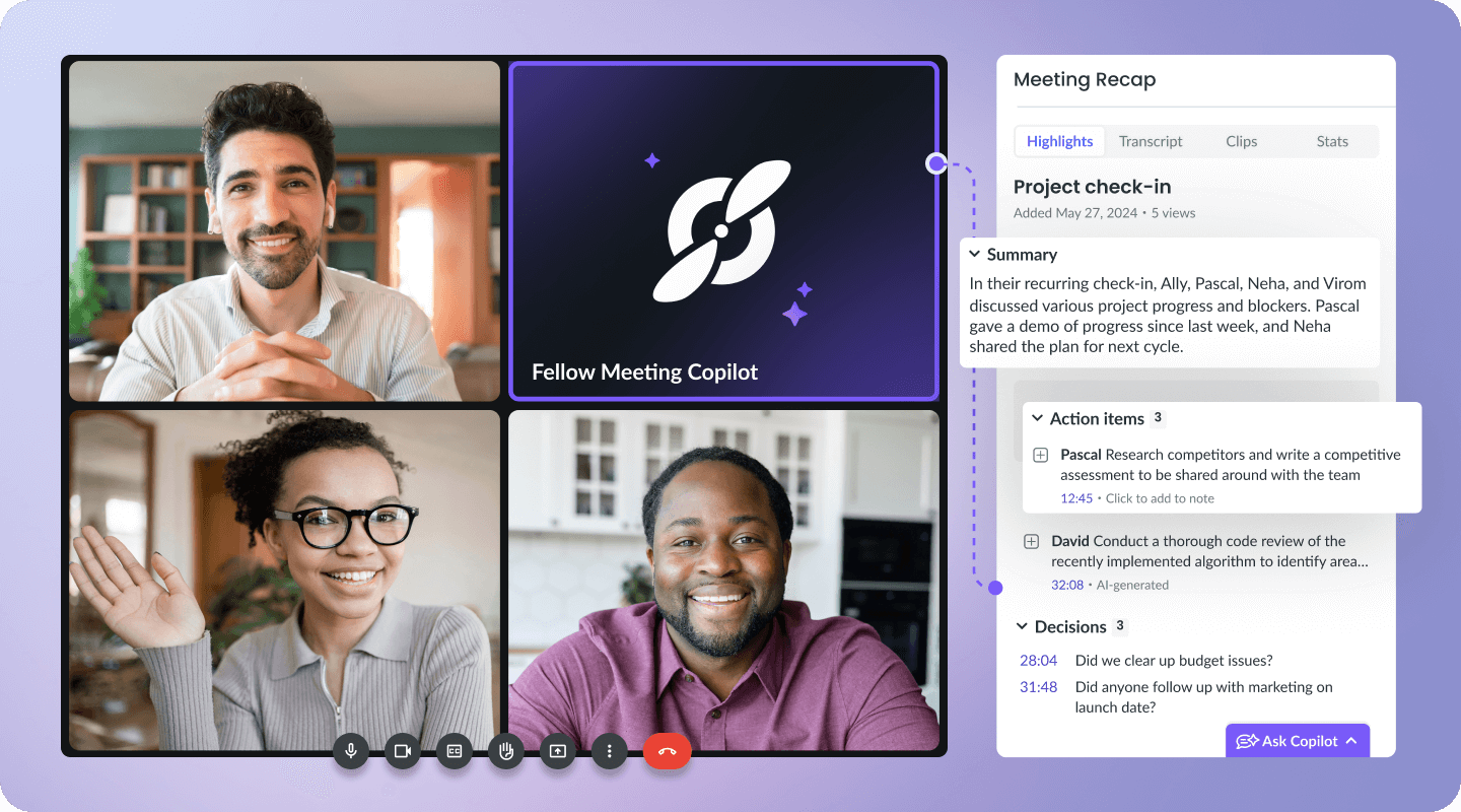 Video conferencing call with AI recap. Recap includes AI-generated summary, action items, and decisions.