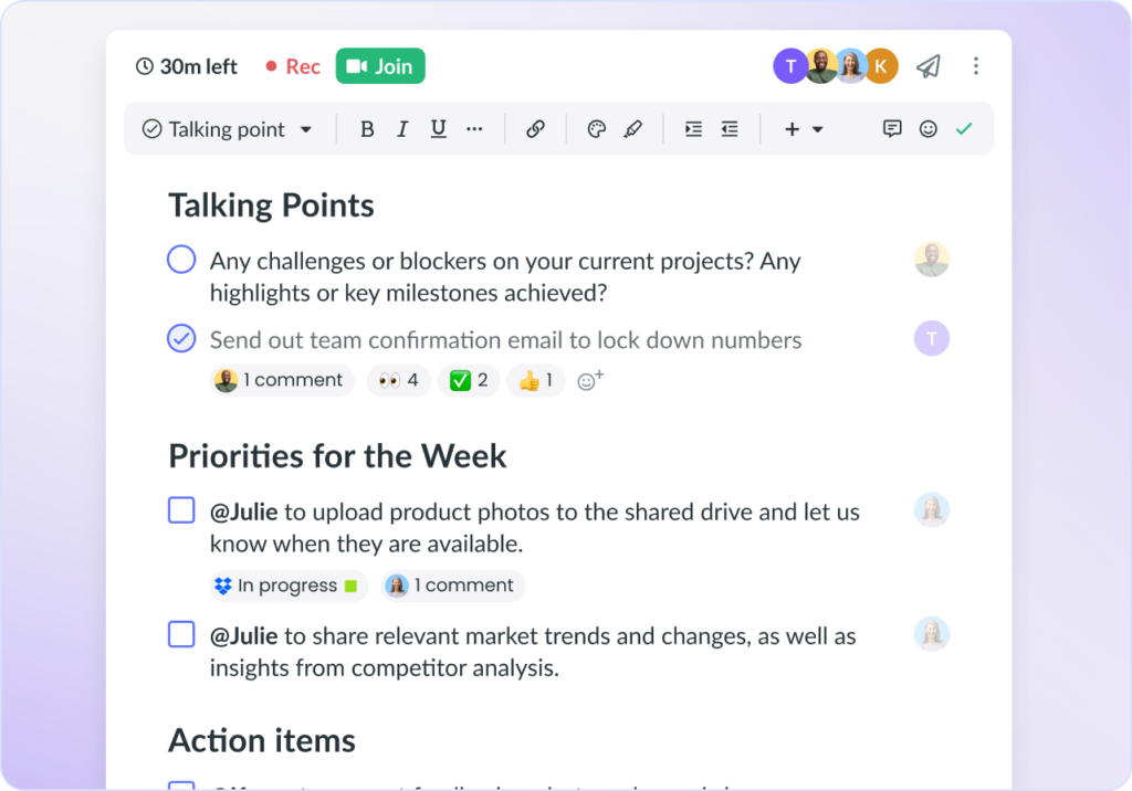 Using meeting management software during the meeting. Shows a meeting in progress with talking points, comments, and action items