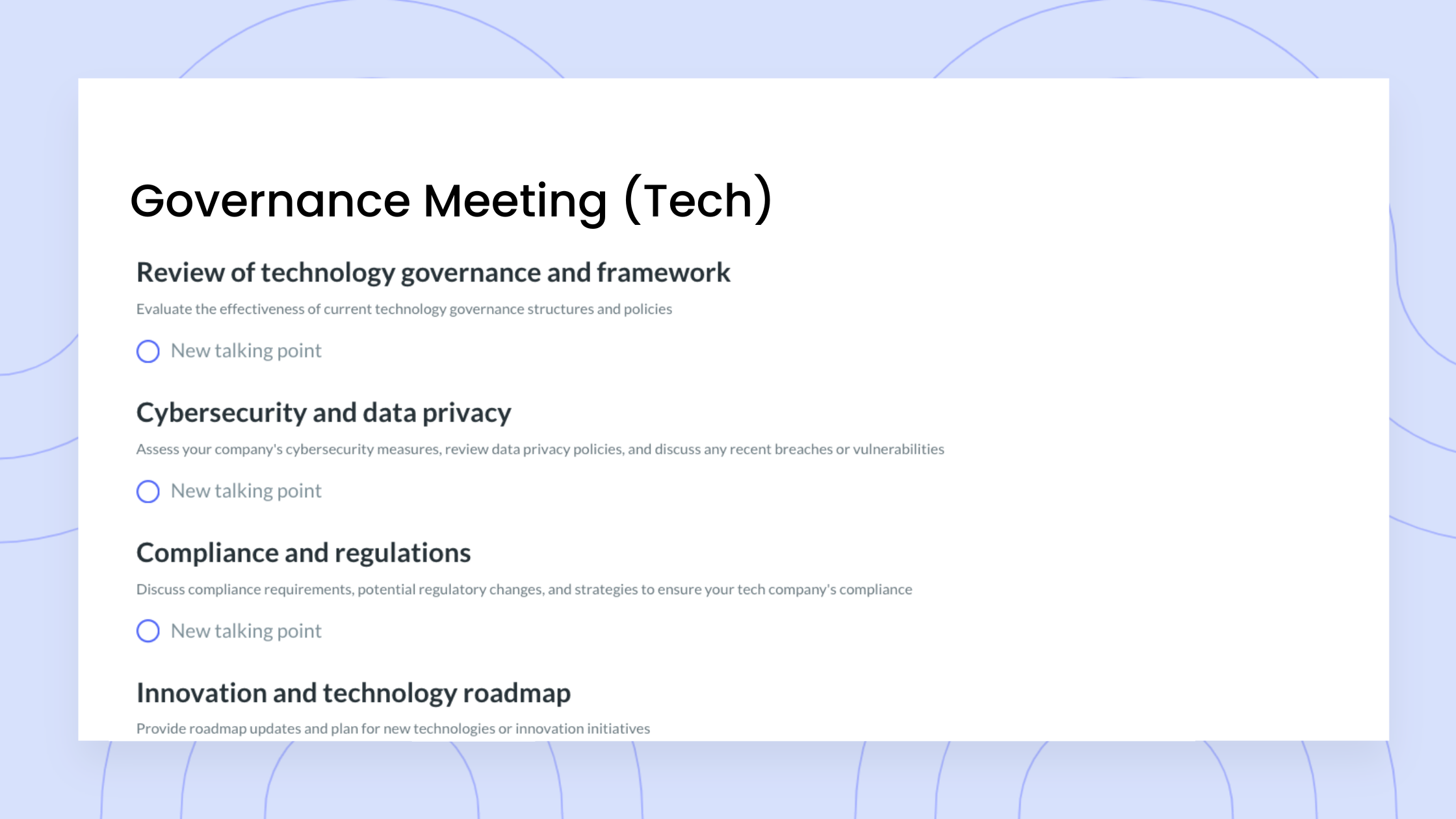Governance Meeting Agenda (Tech)