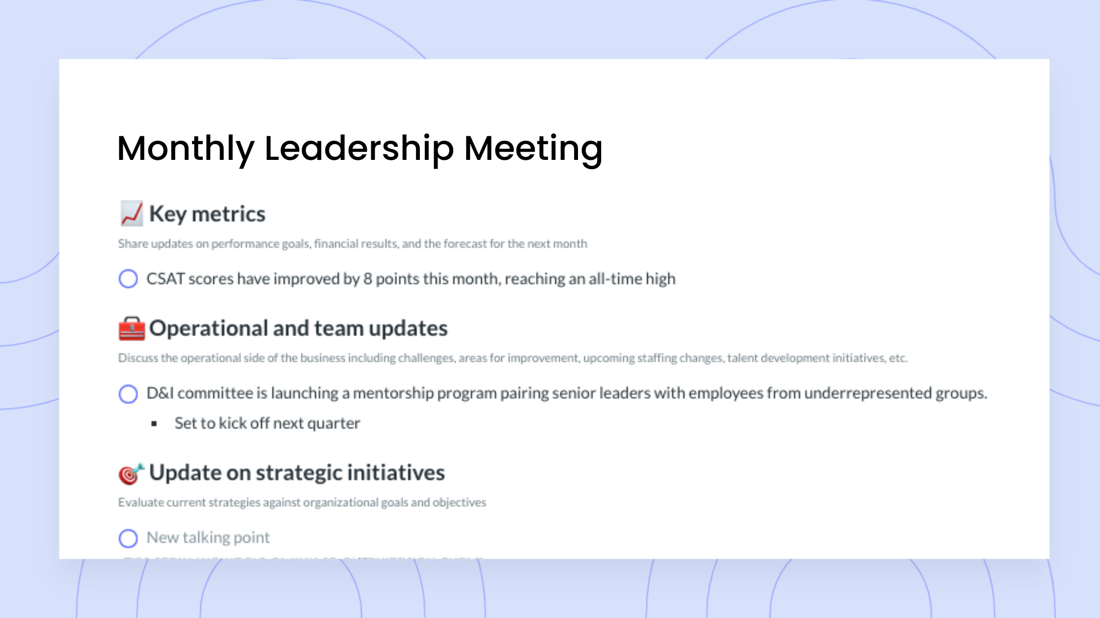 Monthly Leadership Meeting Agenda Template