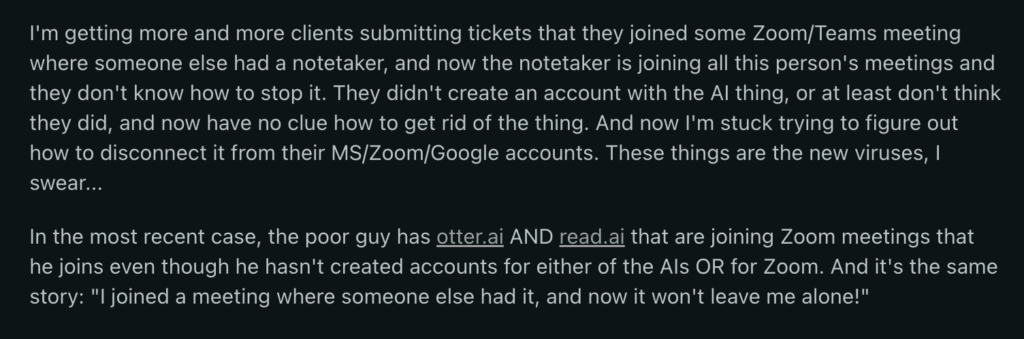 A review of Otter on Reddit that says it joins meetings it shouldn't